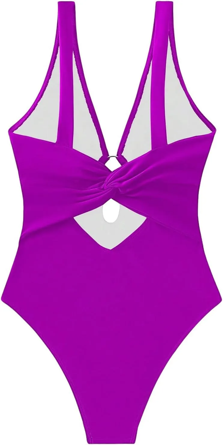 MakeMeChic Women's Twist Back Cut Out Ring Plunge Neck One Piece Swimsuit Bathing Suit