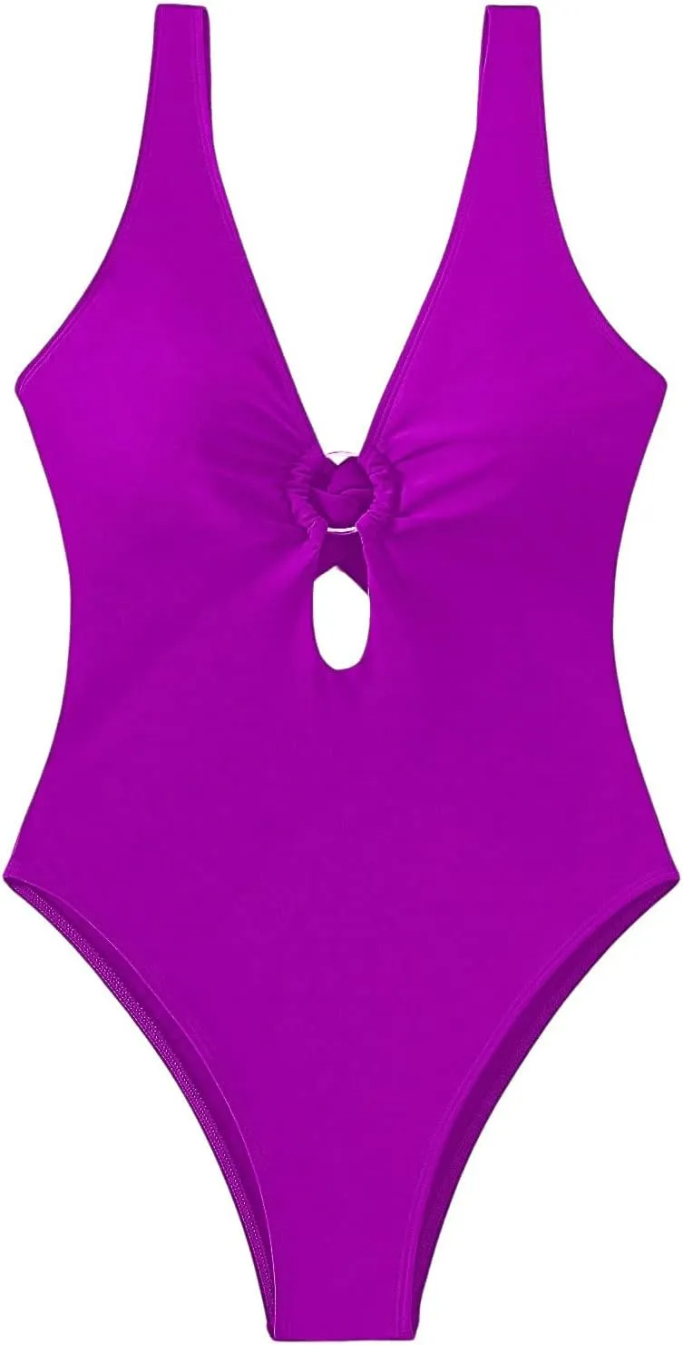 MakeMeChic Women's Twist Back Cut Out Ring Plunge Neck One Piece Swimsuit Bathing Suit