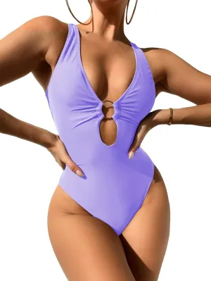 MakeMeChic Women's Twist Back Cut Out Ring Plunge Neck One Piece Swimsuit Bathing Suit