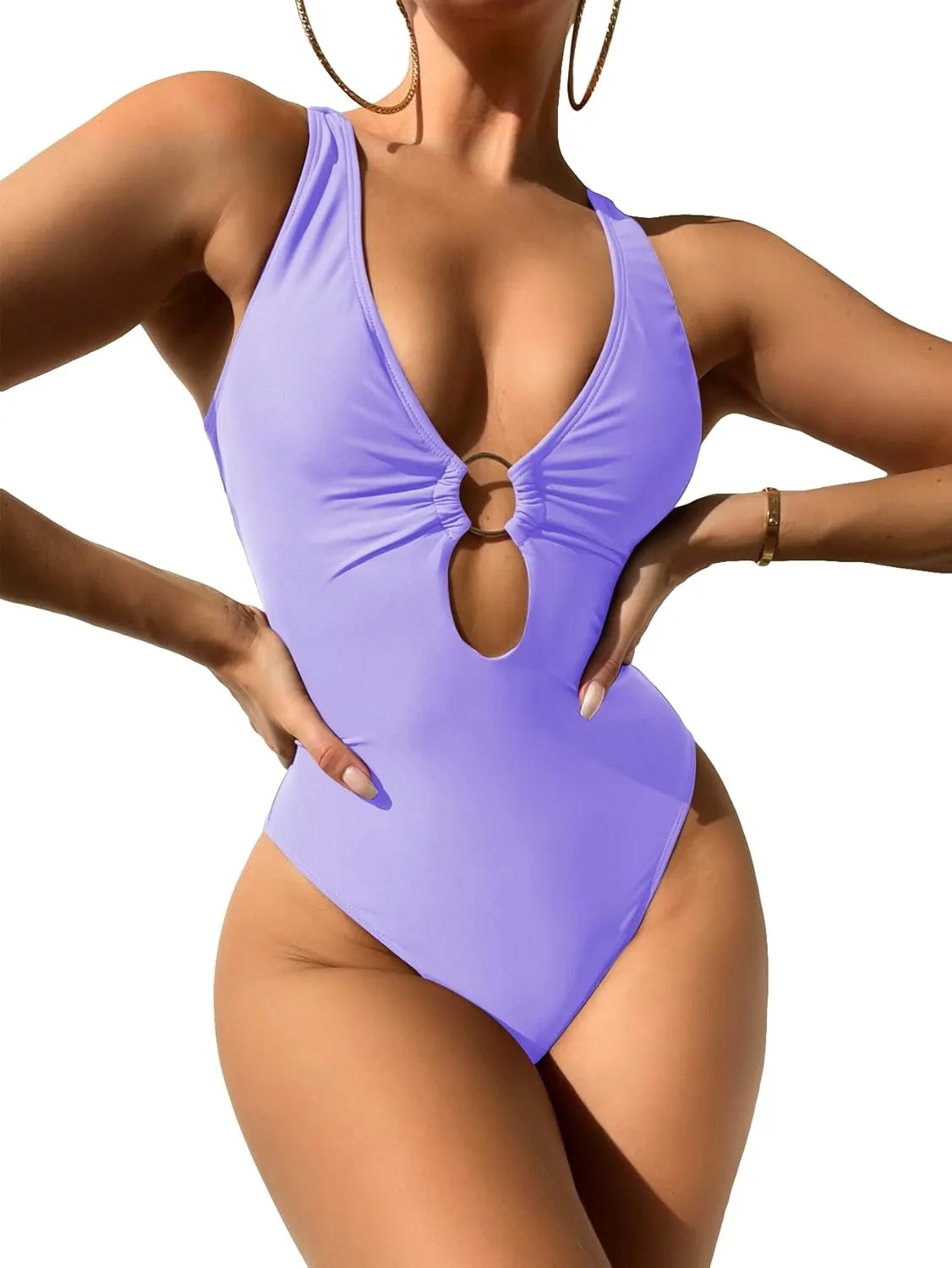 MakeMeChic Women's Twist Back Cut Out Ring Plunge Neck One Piece Swimsuit Bathing Suit