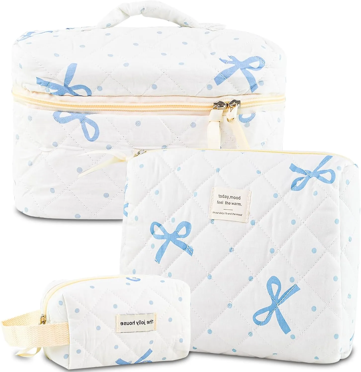 Makeup Bag, 3PC Quilted Makeup Bag Set Cotton Aesthetic Travel Large Cute Cosmetic Toiletry Bag for Women Girls