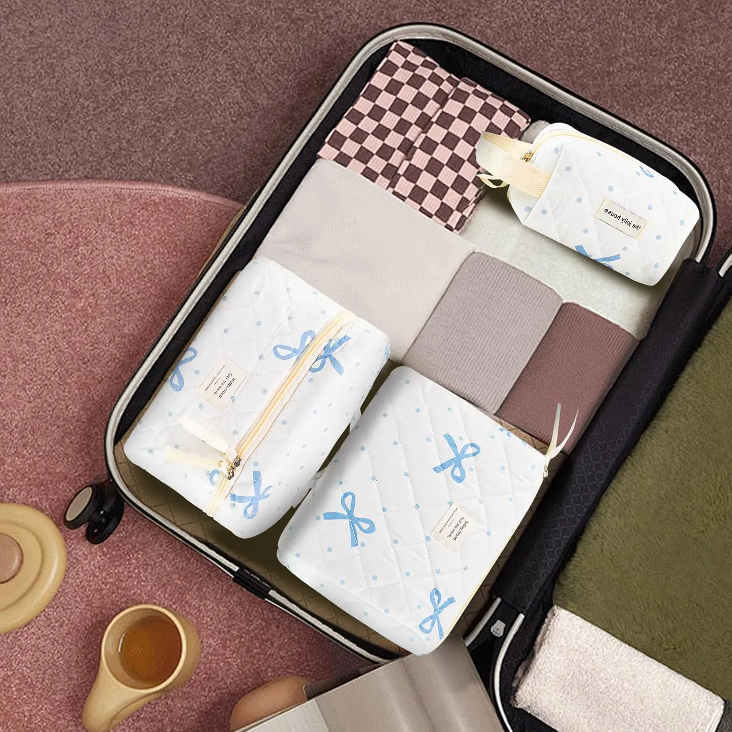 Makeup Bag, 3PC Quilted Makeup Bag Set Cotton Aesthetic Travel Large Cute Cosmetic Toiletry Bag for Women Girls