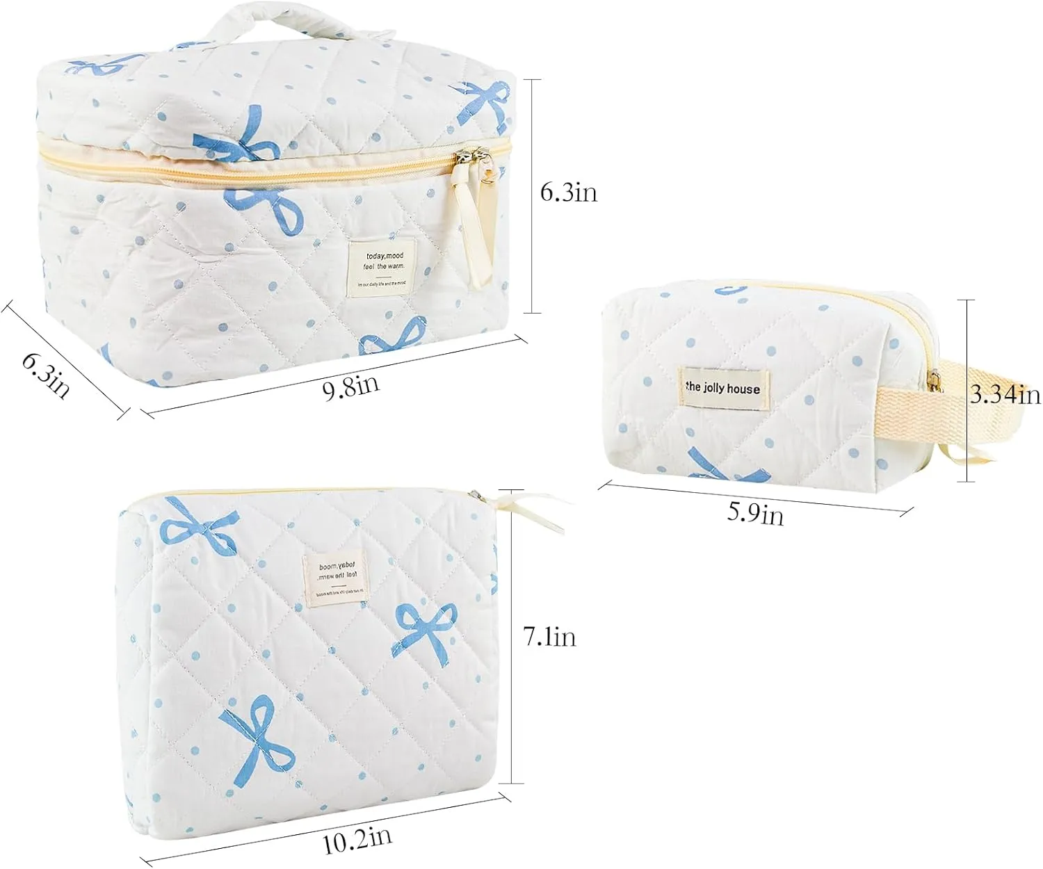 Makeup Bag, 3PC Quilted Makeup Bag Set Cotton Aesthetic Travel Large Cute Cosmetic Toiletry Bag for Women Girls