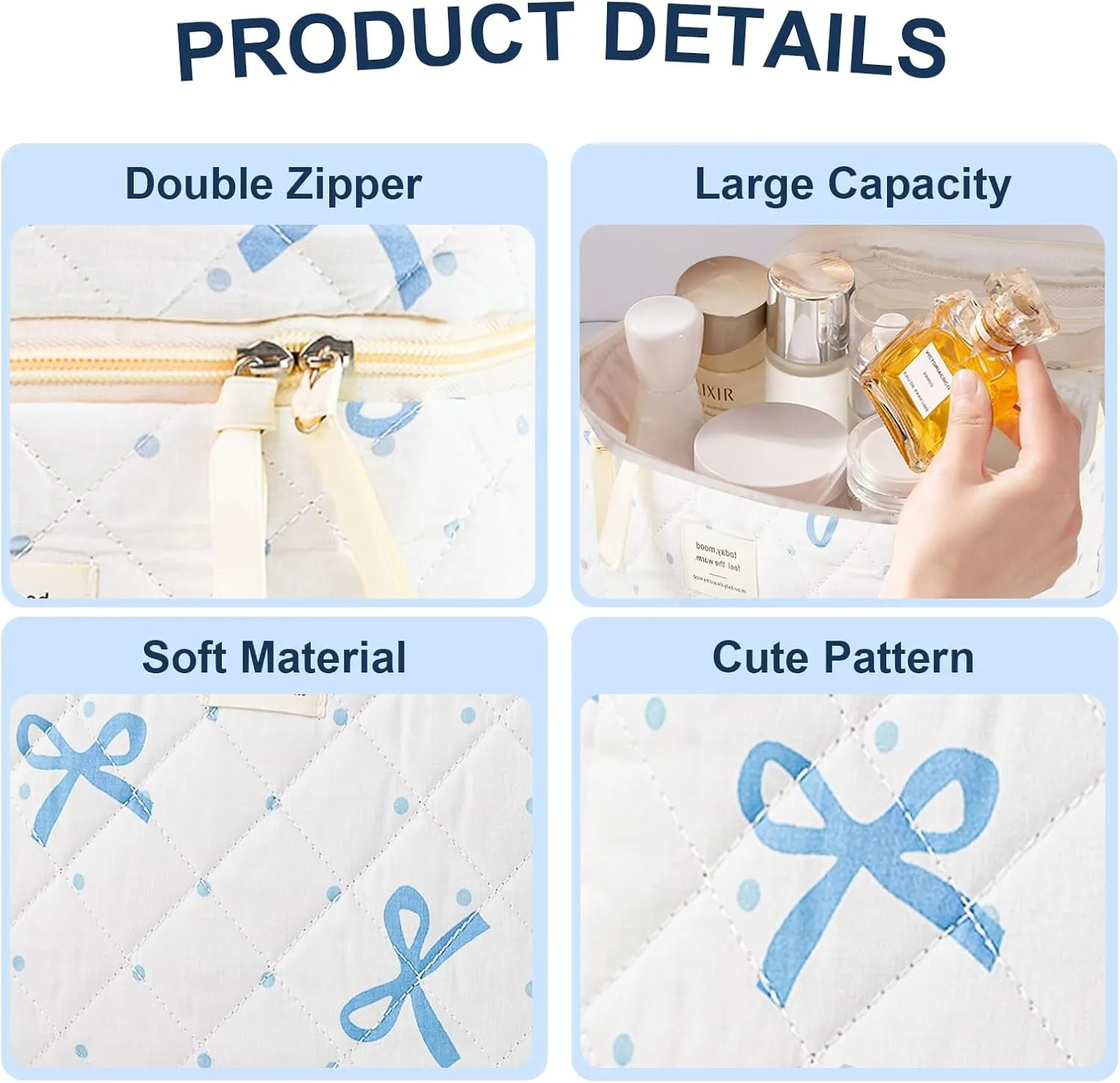 Makeup Bag, 3PC Quilted Makeup Bag Set Cotton Aesthetic Travel Large Cute Cosmetic Toiletry Bag for Women Girls