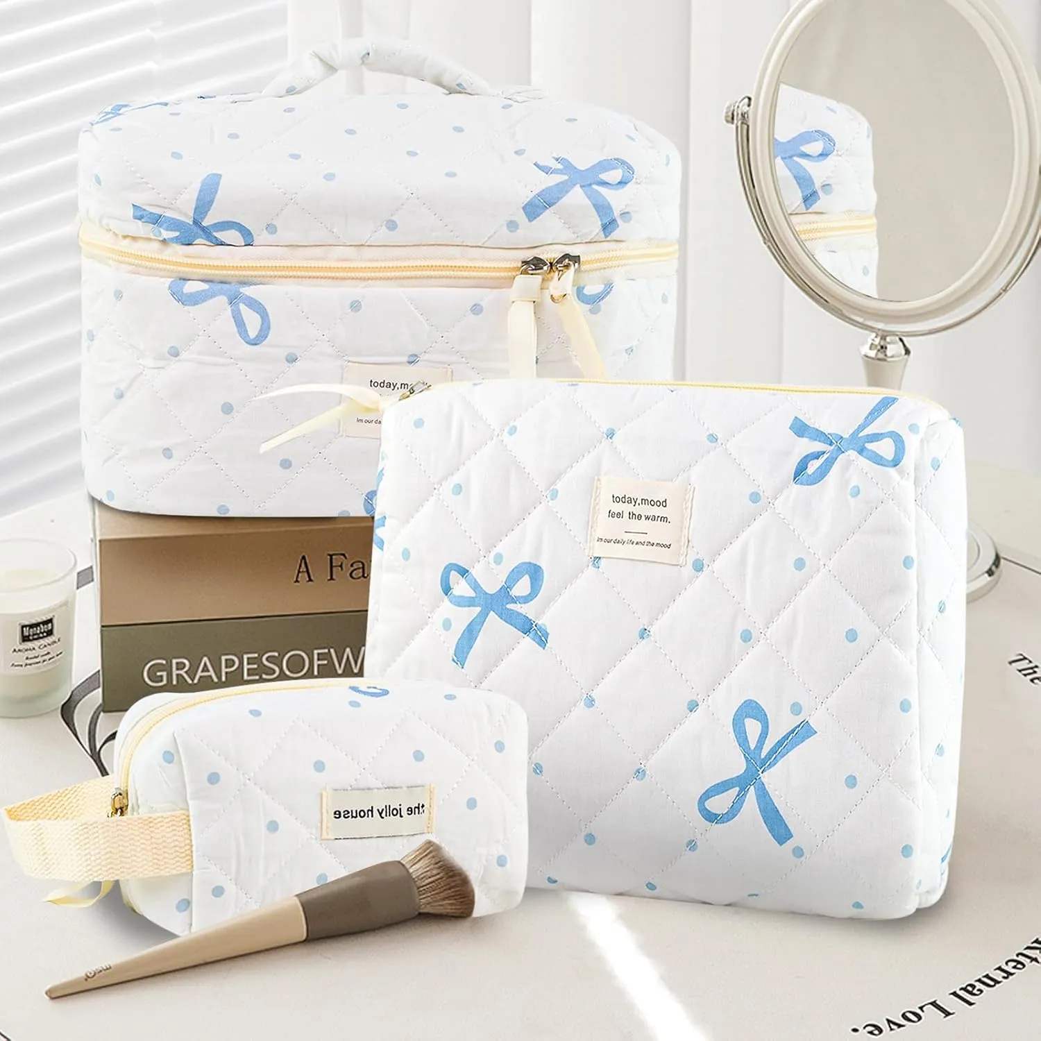 Makeup Bag, 3PC Quilted Makeup Bag Set Cotton Aesthetic Travel Large Cute Cosmetic Toiletry Bag for Women Girls