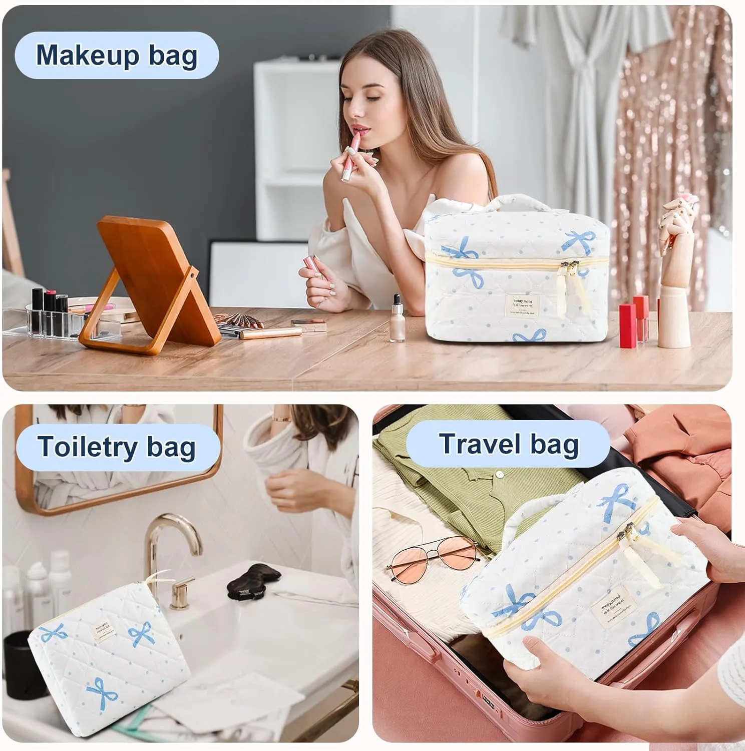 Makeup Bag, 3PC Quilted Makeup Bag Set Cotton Aesthetic Travel Large Cute Cosmetic Toiletry Bag for Women Girls
