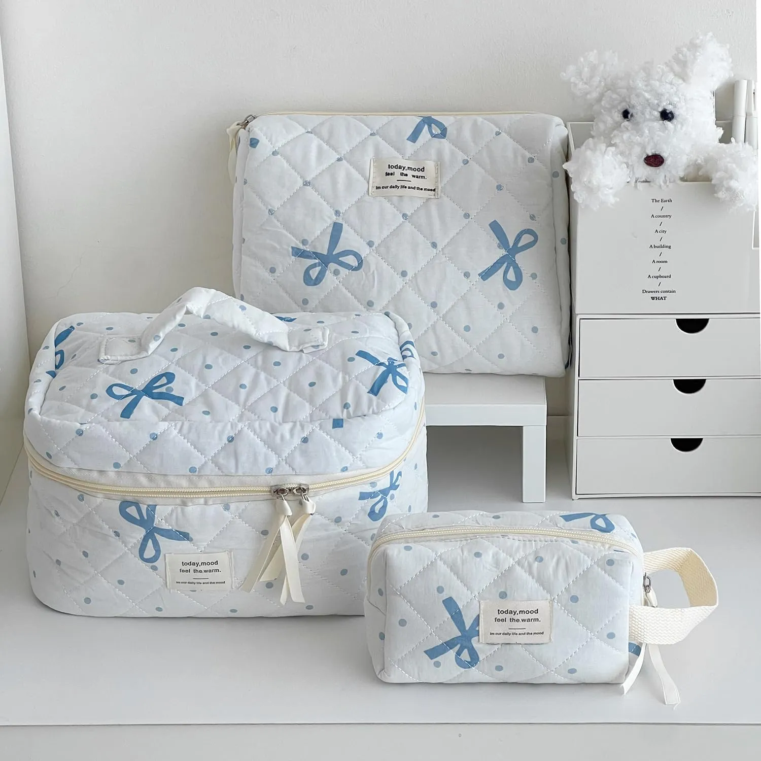 Makeup Bag, 3PC Quilted Makeup Bag Set Cotton Aesthetic Travel Large Cute Cosmetic Toiletry Bag for Women Girls
