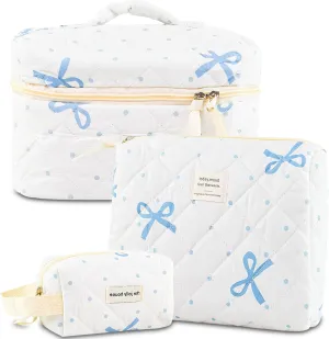 Makeup Bag, 3PC Quilted Makeup Bag Set Cotton Aesthetic Travel Large Cute Cosmetic Toiletry Bag for Women Girls