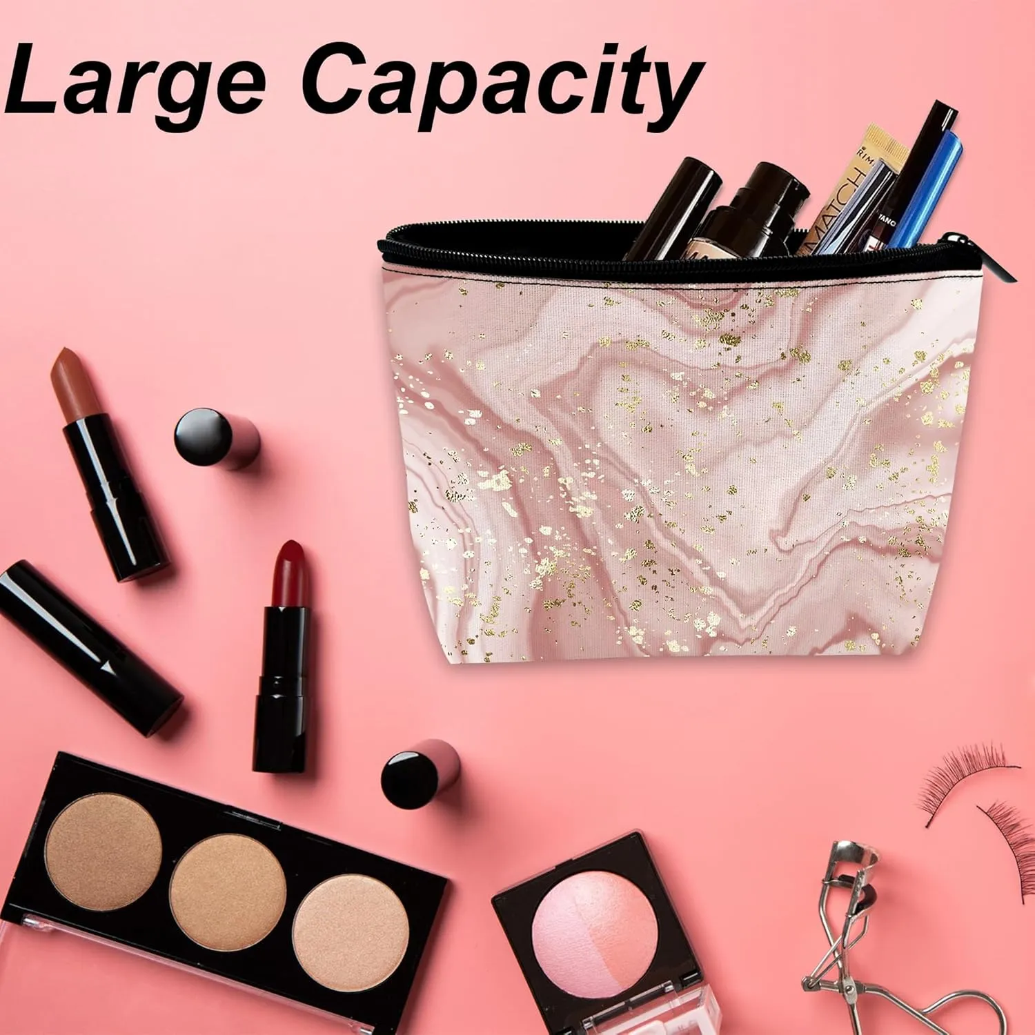 Makeup Bag Gilt Pink Marble Cosmetic Bag for Women, Travel Small Bag for Purse, Pouch for Toiletries Water Resistant Gift 9.55.9 Inch