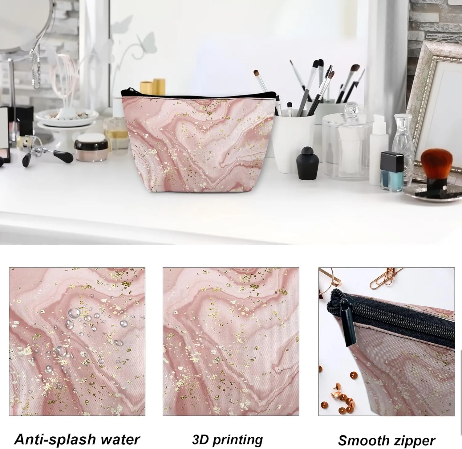 Makeup Bag Gilt Pink Marble Cosmetic Bag for Women, Travel Small Bag for Purse, Pouch for Toiletries Water Resistant Gift 9.55.9 Inch