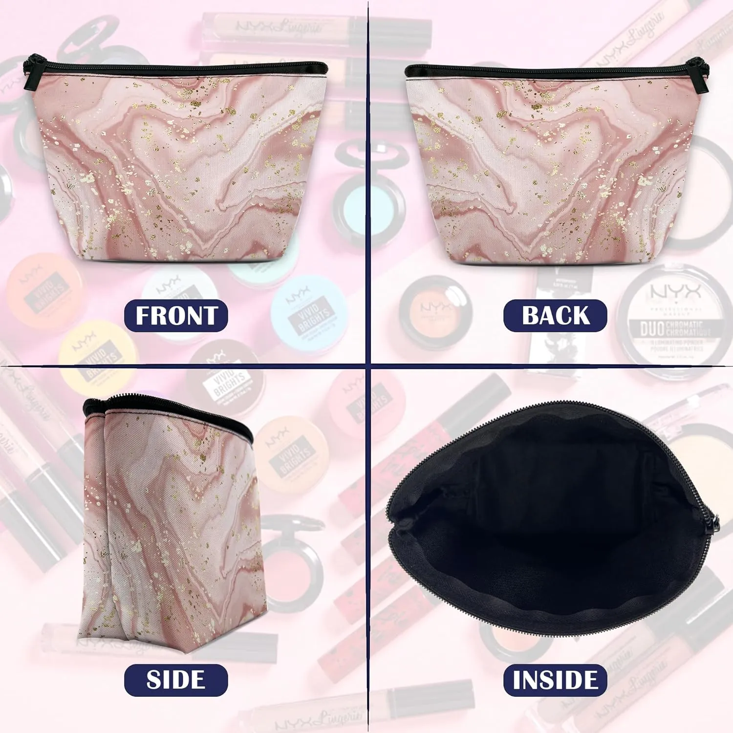 Makeup Bag Gilt Pink Marble Cosmetic Bag for Women, Travel Small Bag for Purse, Pouch for Toiletries Water Resistant Gift 9.55.9 Inch