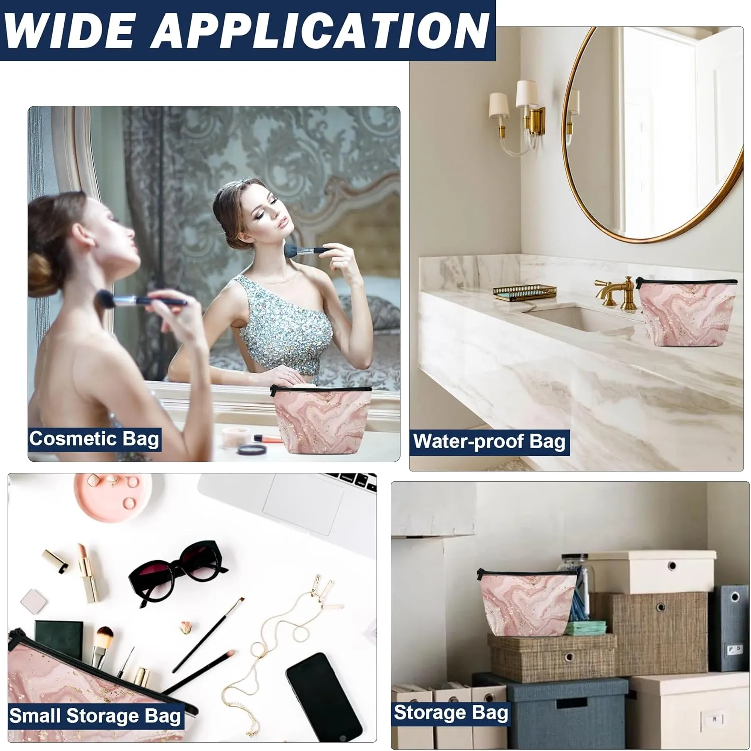 Makeup Bag Gilt Pink Marble Cosmetic Bag for Women, Travel Small Bag for Purse, Pouch for Toiletries Water Resistant Gift 9.55.9 Inch