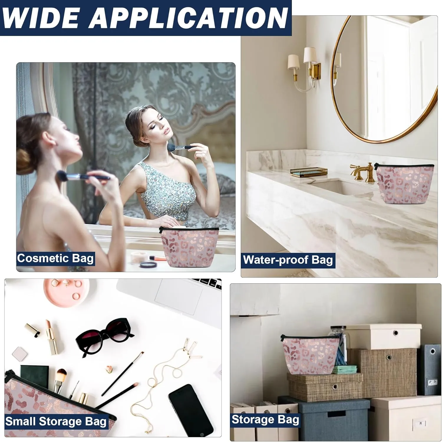 Makeup Bag Leopard Rose Gold Cosmetic Bag for Women, Waterproof Large Capacity Travel Toiletry Organizer 9.55.9 Inch