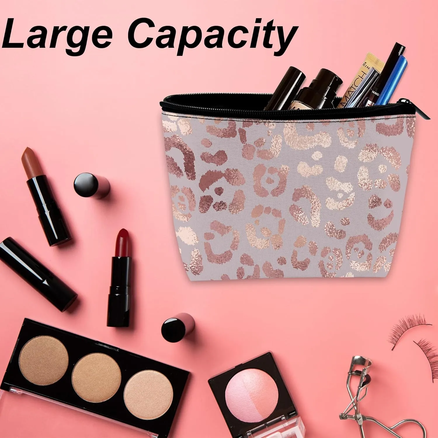 Makeup Bag Leopard Rose Gold Cosmetic Bag for Women, Waterproof Large Capacity Travel Toiletry Organizer 9.55.9 Inch