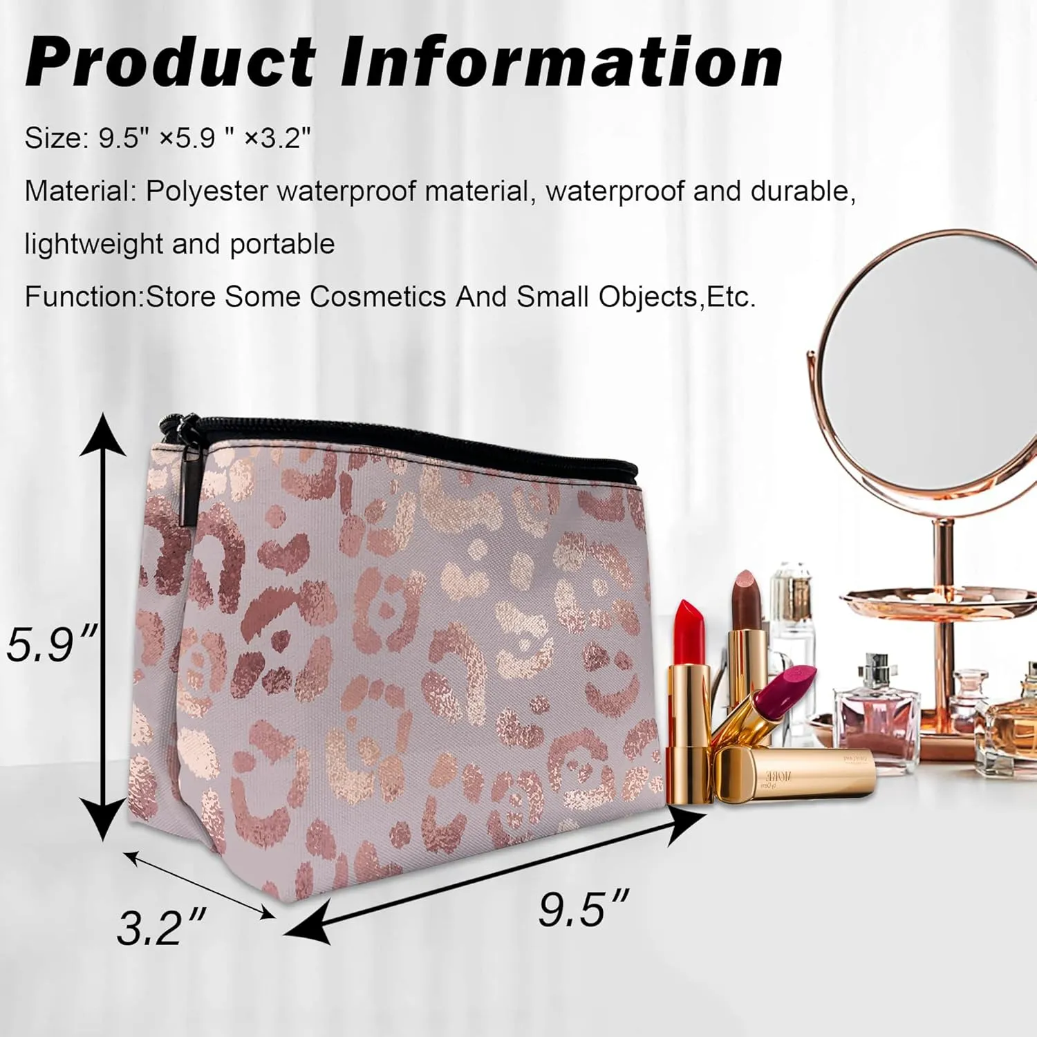Makeup Bag Leopard Rose Gold Cosmetic Bag for Women, Waterproof Large Capacity Travel Toiletry Organizer 9.55.9 Inch
