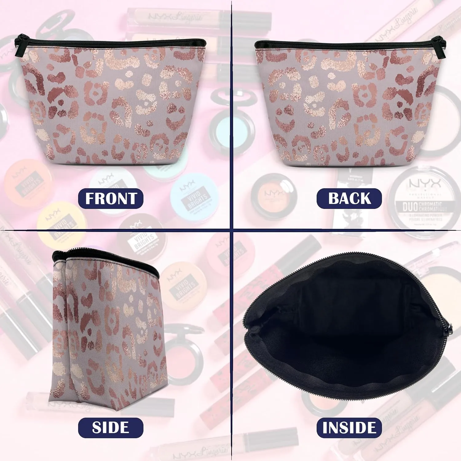 Makeup Bag Leopard Rose Gold Cosmetic Bag for Women, Waterproof Large Capacity Travel Toiletry Organizer 9.55.9 Inch