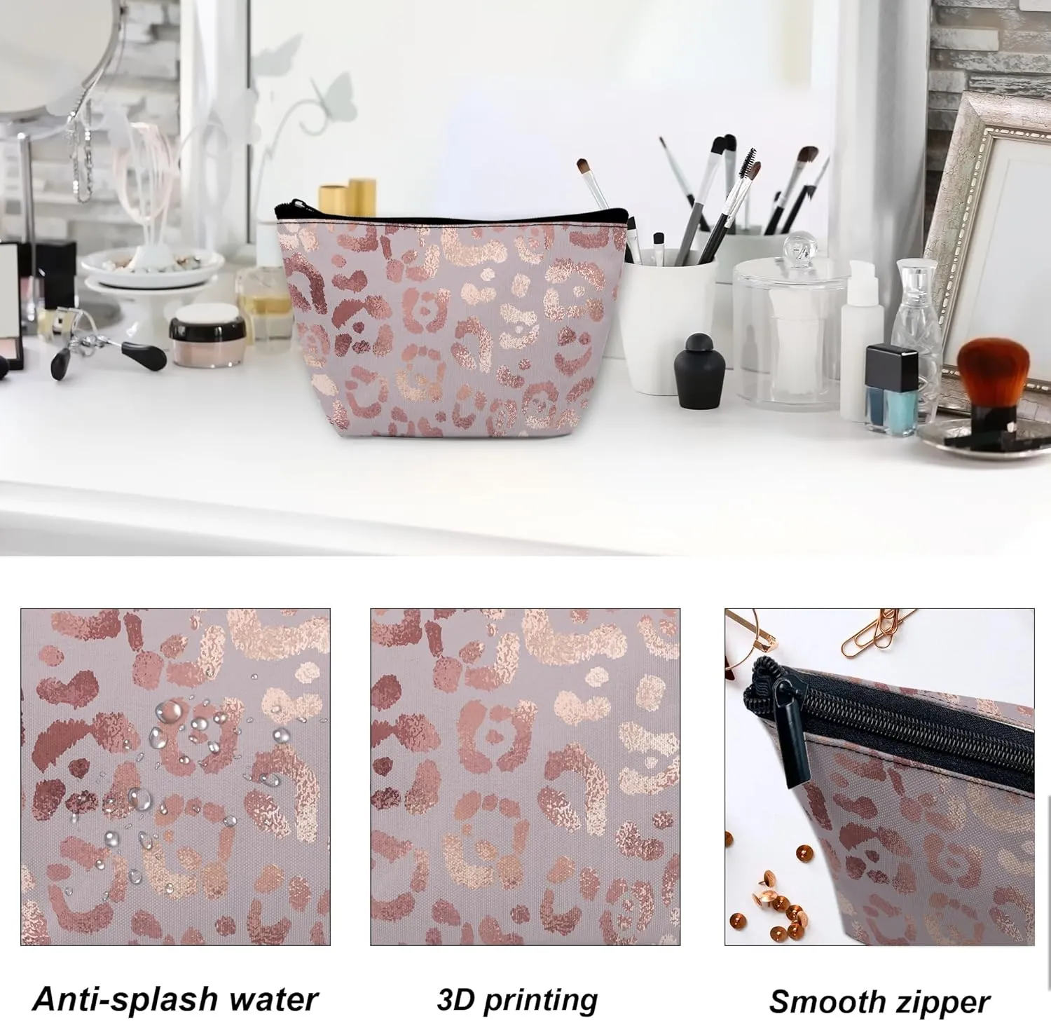 Makeup Bag Leopard Rose Gold Cosmetic Bag for Women, Waterproof Large Capacity Travel Toiletry Organizer 9.55.9 Inch