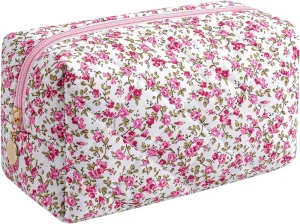 Makeup Bag Travel Cosmetic Bag for Women Girls, Zipper Make Up Pouch, Floral Flowers Toiletry Organizer Makeup, Portable Storage Cosmetic Travel Cloth Bag (Red Small Flower)