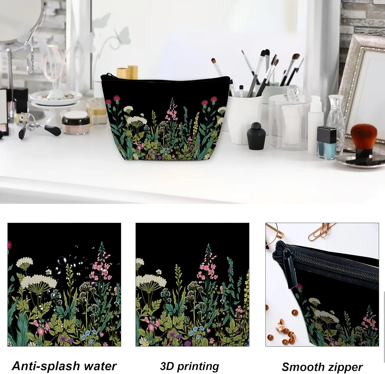 Makeup Bag Wild Flowers Herbs Botanical Cosmetic Bag for Women, Travel Small Bag for Purse, Pouch for Toiletries Water Resistant Gift 9.55.9 Inch