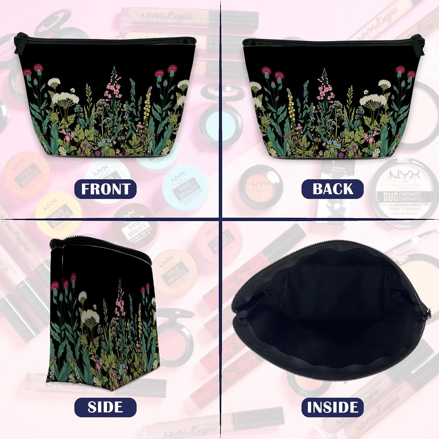 Makeup Bag Wild Flowers Herbs Botanical Cosmetic Bag for Women, Travel Small Bag for Purse, Pouch for Toiletries Water Resistant Gift 9.55.9 Inch