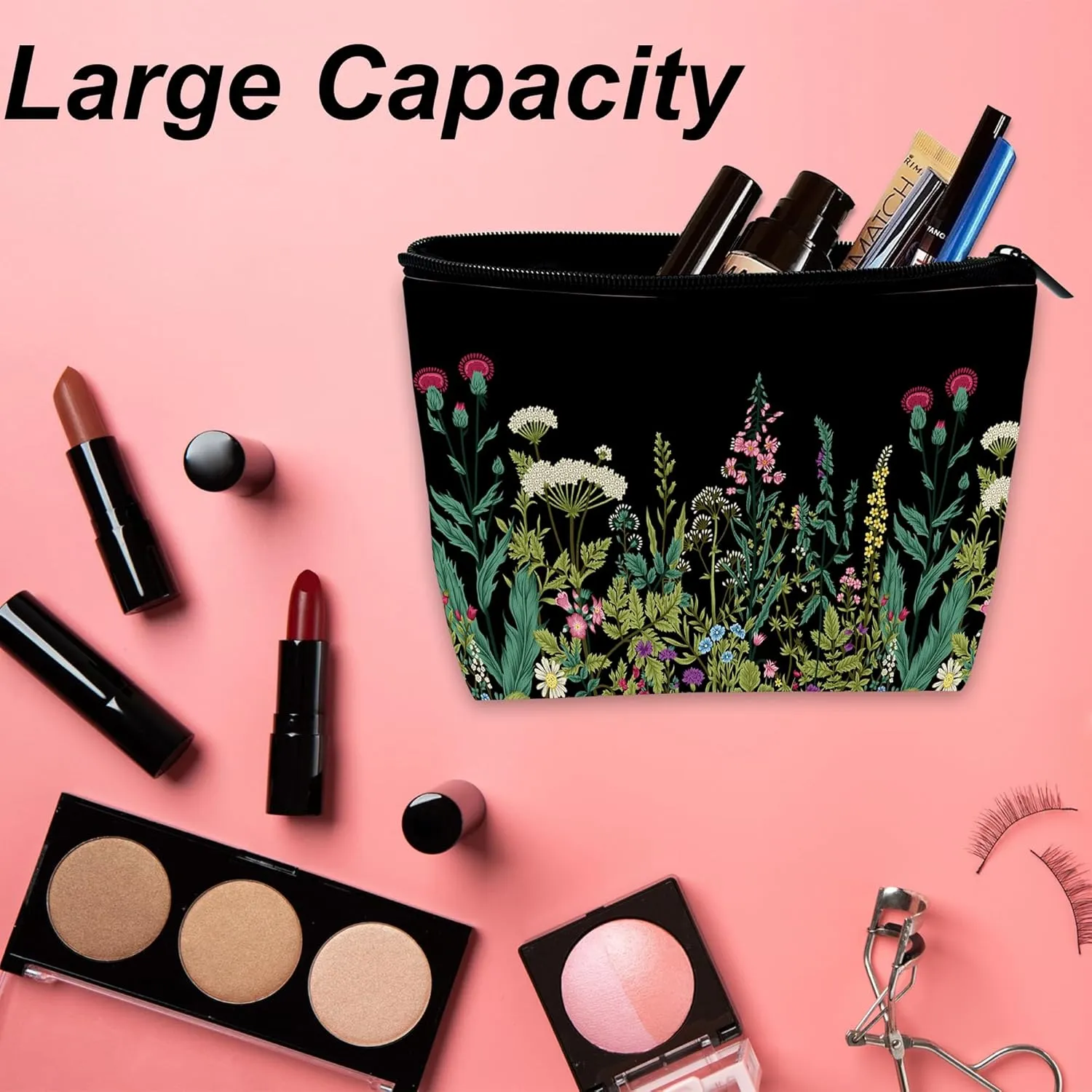 Makeup Bag Wild Flowers Herbs Botanical Cosmetic Bag for Women, Travel Small Bag for Purse, Pouch for Toiletries Water Resistant Gift 9.55.9 Inch