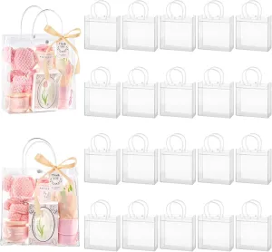 mauproy 20 Pack Clear Plastic Gift Bags with Handles, Party Favor Bags with Ribbons and Tags, Reusable Goodie Tote Bags for Wedding Baby Shower Mother's Day (9.8 x 9.8 x 3.5")