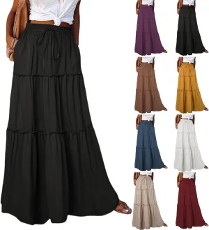 Maxi Skirts for Women High Waist Bohemian A Line Tiered Skirt Summer Casual Pleated Flowy Swing Beach Long Skirt