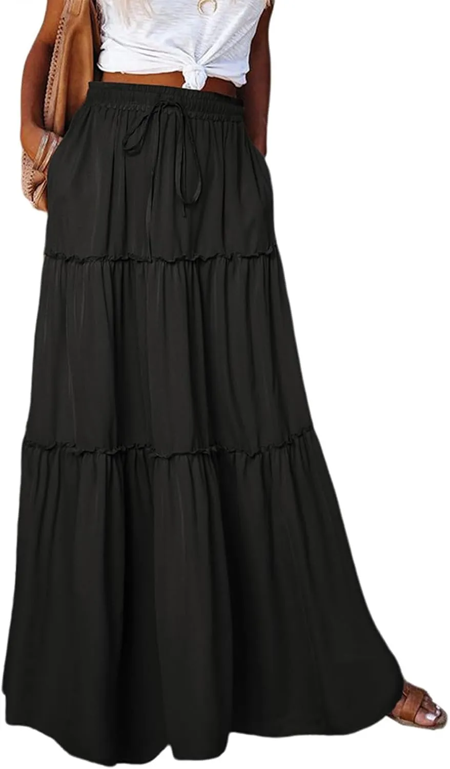 Maxi Skirts for Women High Waist Bohemian A Line Tiered Skirt Summer Casual Pleated Flowy Swing Beach Long Skirt