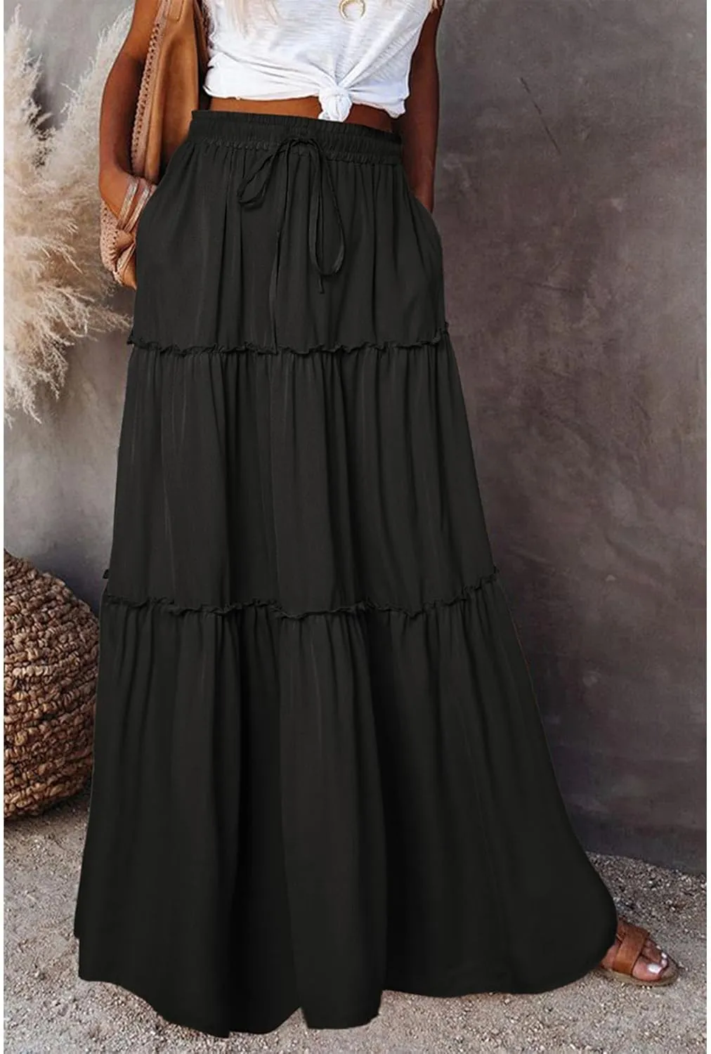Maxi Skirts for Women High Waist Bohemian A Line Tiered Skirt Summer Casual Pleated Flowy Swing Beach Long Skirt