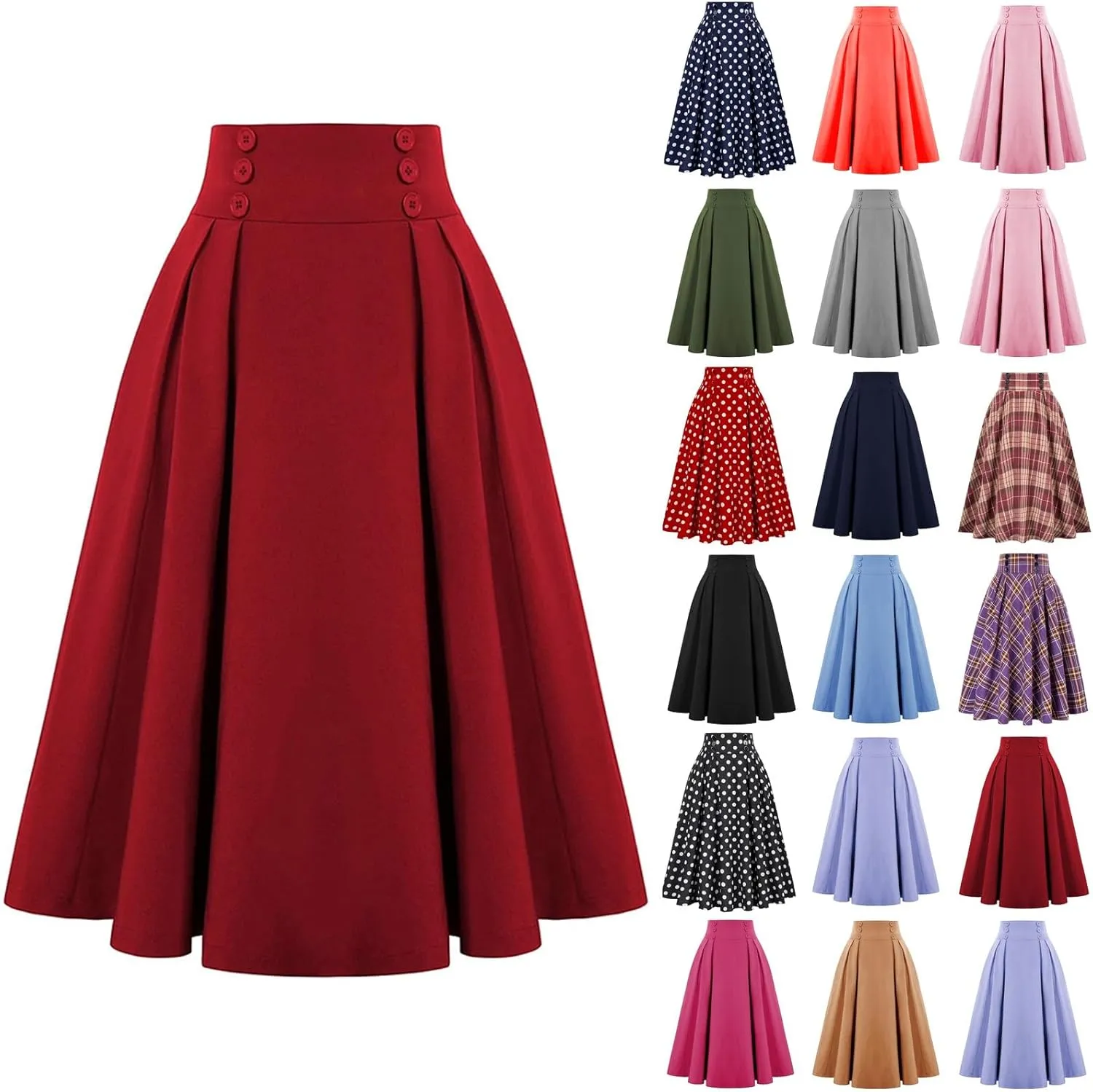 Maxi Solid Skirt for Women High Waisted A-Line Pleated Skirts Elastic Knee Length Casual Flowy Swing Flared Skirt