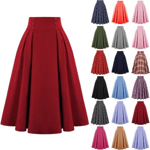 Maxi Solid Skirt for Women High Waisted A-Line Pleated Skirts Elastic Knee Length Casual Flowy Swing Flared Skirt