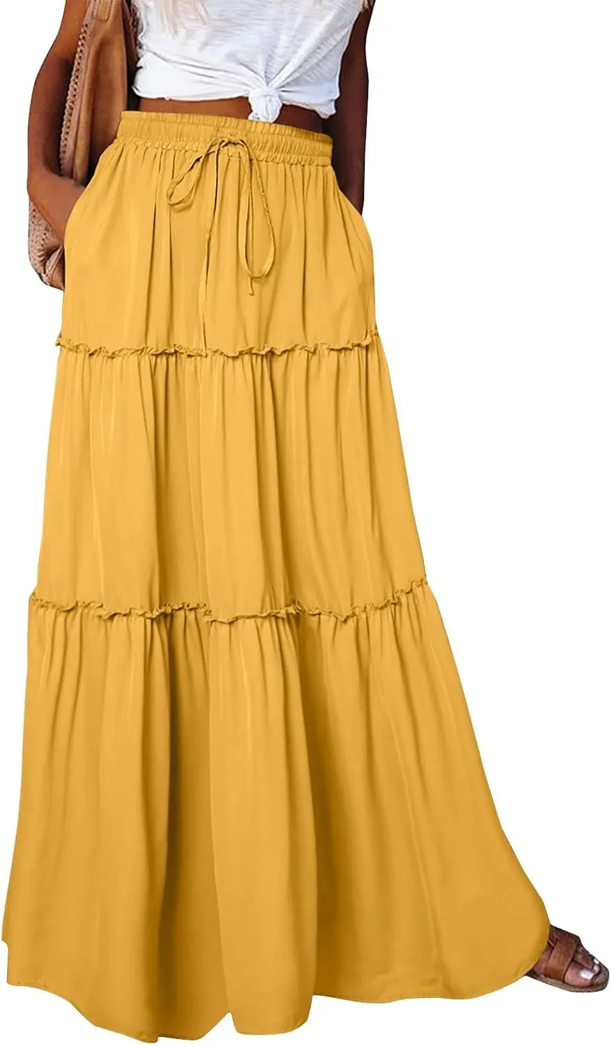 Maxi Solid Skirts for Women High Waisted Tiered Skirt A Line Pleated Swing Tie Front Flowy Long Skirt with Pockets