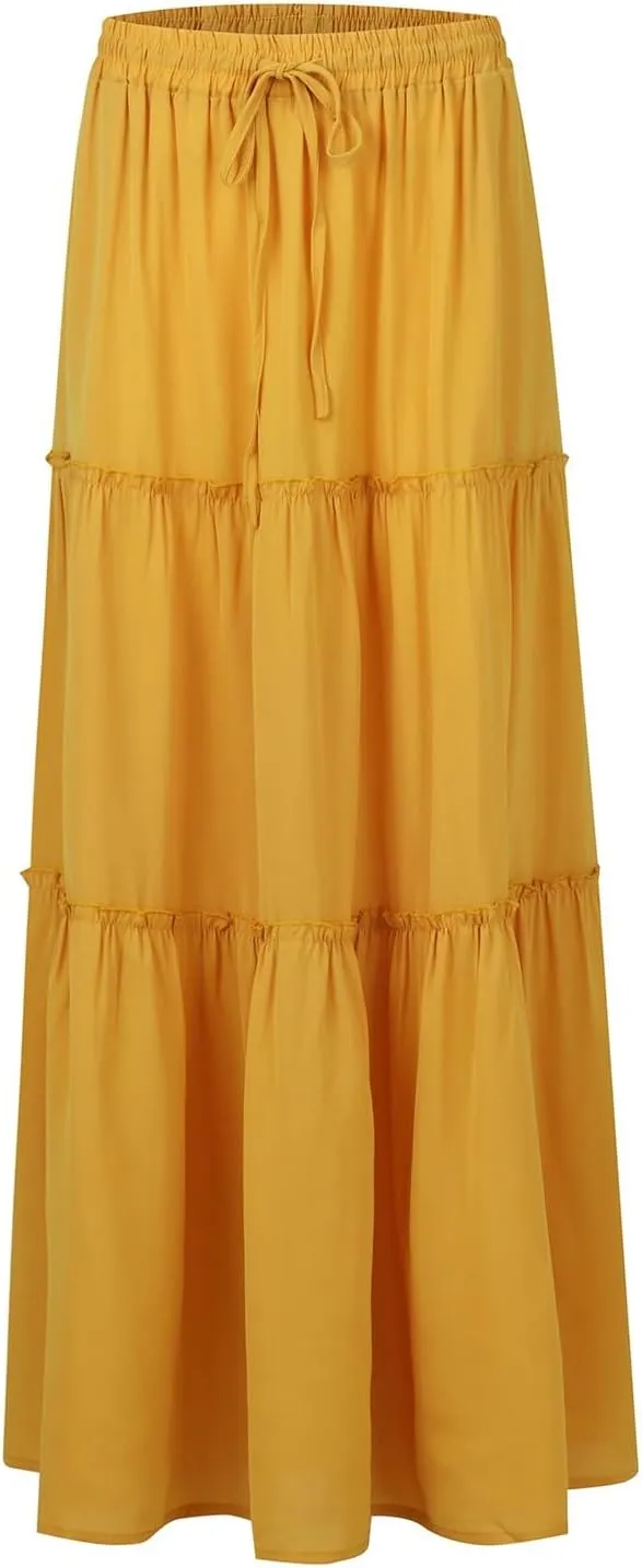 Maxi Solid Skirts for Women High Waisted Tiered Skirt A Line Pleated Swing Tie Front Flowy Long Skirt with Pockets