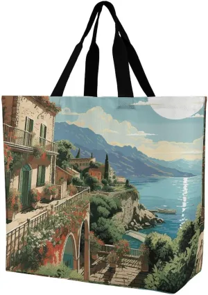Mediterranean Summer Tote Bag for Women Reusable Eco-friendly Shopping Bags Large Capacity Shoulder Bag