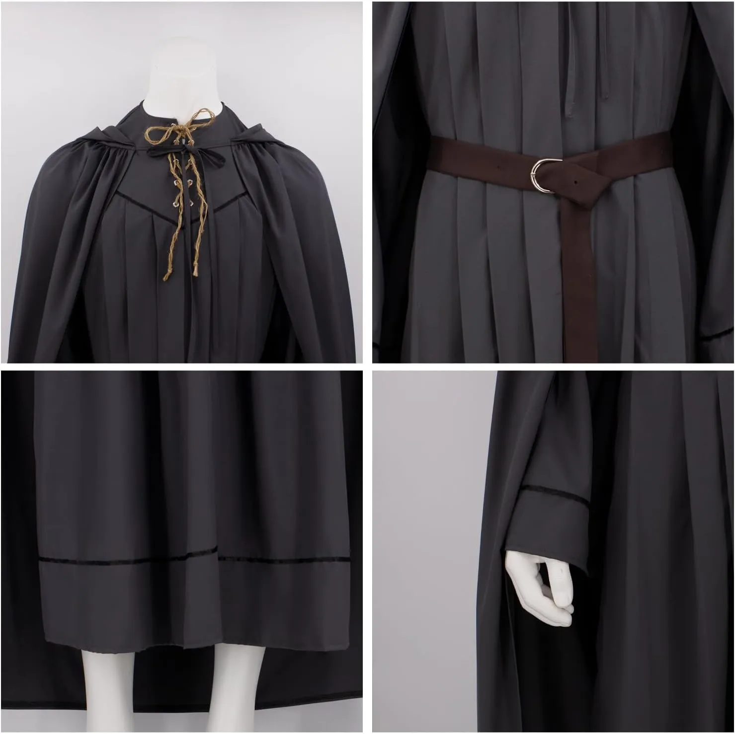 Men Grey Wizard Costume With Wig Adult Tunic Costume Long Robe Tied Cloak with Belt and Bag Accessories