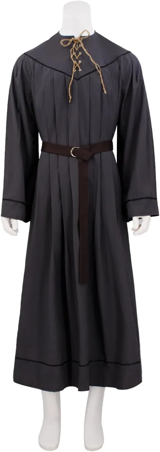 Men Grey Wizard Costume With Wig Adult Tunic Costume Long Robe Tied Cloak with Belt and Bag Accessories