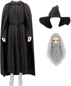 Men Grey Wizard Costume With Wig Adult Tunic Costume Long Robe Tied Cloak with Belt and Bag Accessories