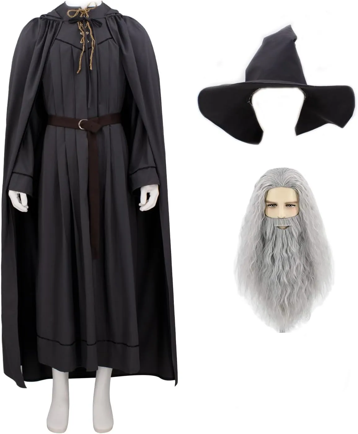 Men Grey Wizard Costume With Wig Adult Tunic Costume Long Robe Tied Cloak with Belt and Bag Accessories