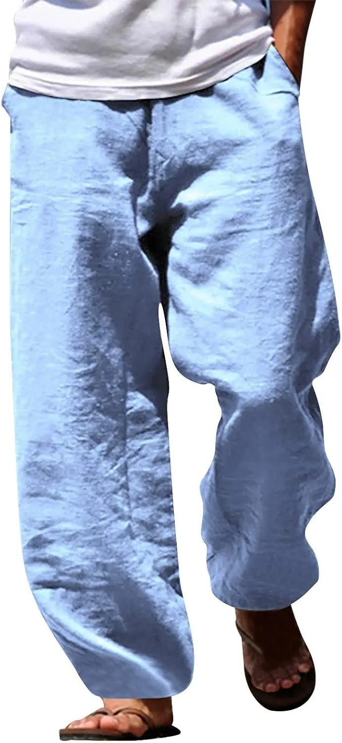 Mens Cotton Linen Drawstring Pants Summer Fashion Resort Wear Pants for Men 2024 Straight Lightweight Loose Fit Yoga Pants