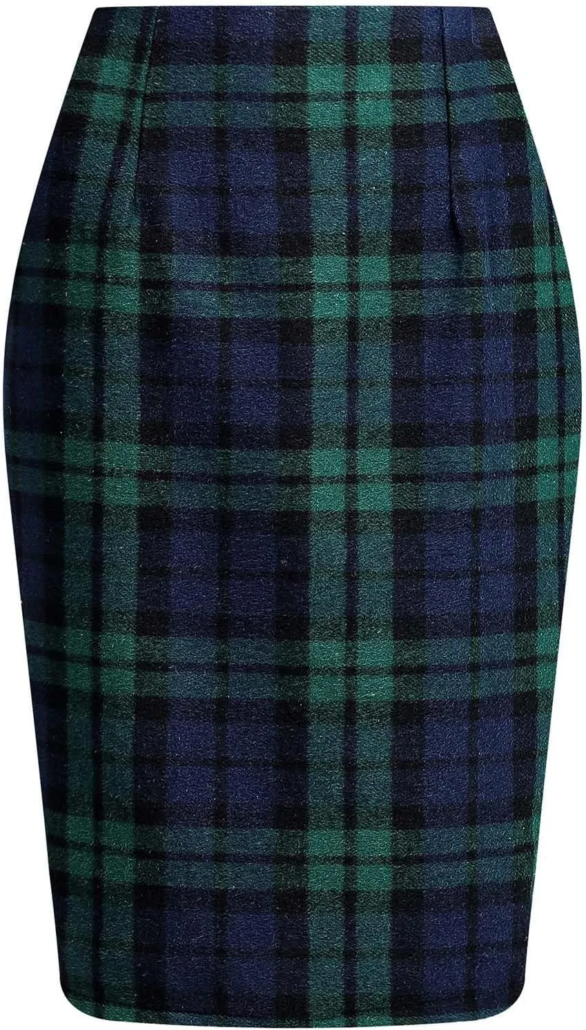 Midi Plaid Skirts for Women High Waisted Knee Length Wool Skirt 2024 Trendy Slim Fit Fall Winter Bodycon Wrap Skirt