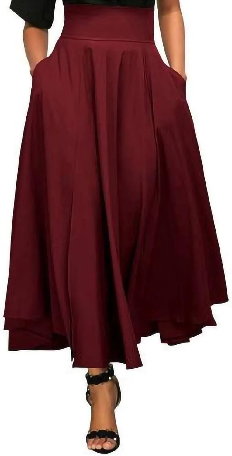 Midi Skirts for Waist Solid Skirt Elegant Womens Pleated Maxi Elastic Skirts High Waist Pleated A-Line Double