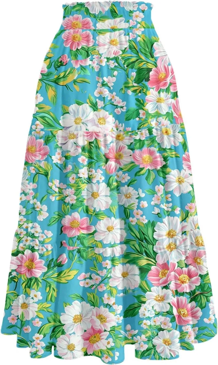 Midi Skirts for Women 2025 Boho Floral Skirts Tiered Ruffle Skirt Flowy High Elastic Waisted A Line Skorts with Pockets