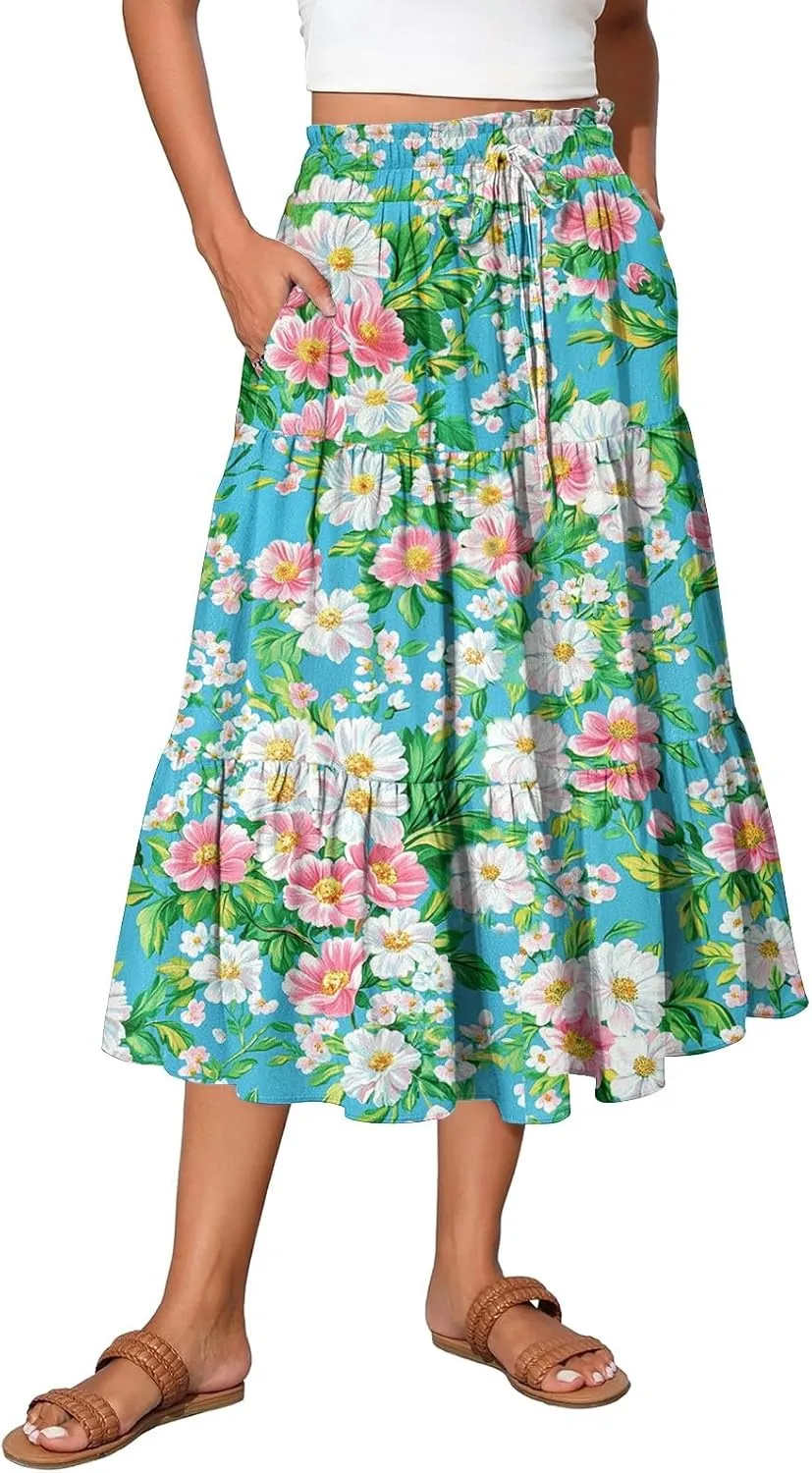 Midi Skirts for Women 2025 Boho Floral Skirts Tiered Ruffle Skirt Flowy High Elastic Waisted A Line Skorts with Pockets