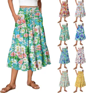 Midi Skirts for Women 2025 Boho Floral Skirts Tiered Ruffle Skirt Flowy High Elastic Waisted A Line Skorts with Pockets