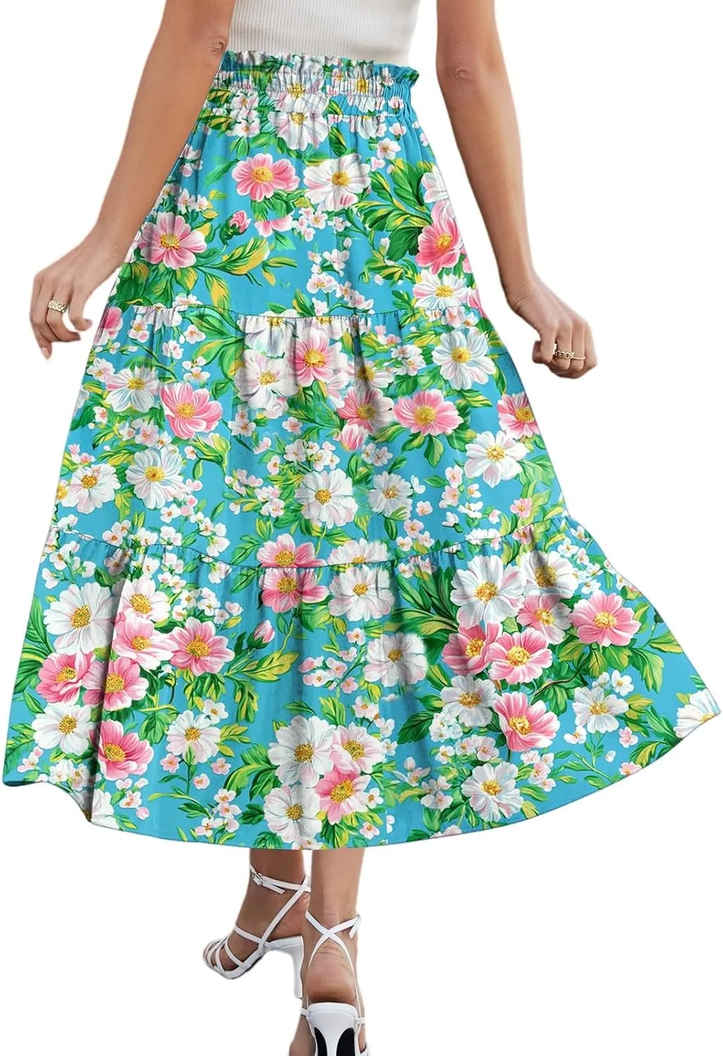 Midi Skirts for Women 2025 Boho Floral Skirts Tiered Ruffle Skirt Flowy High Elastic Waisted A Line Skorts with Pockets