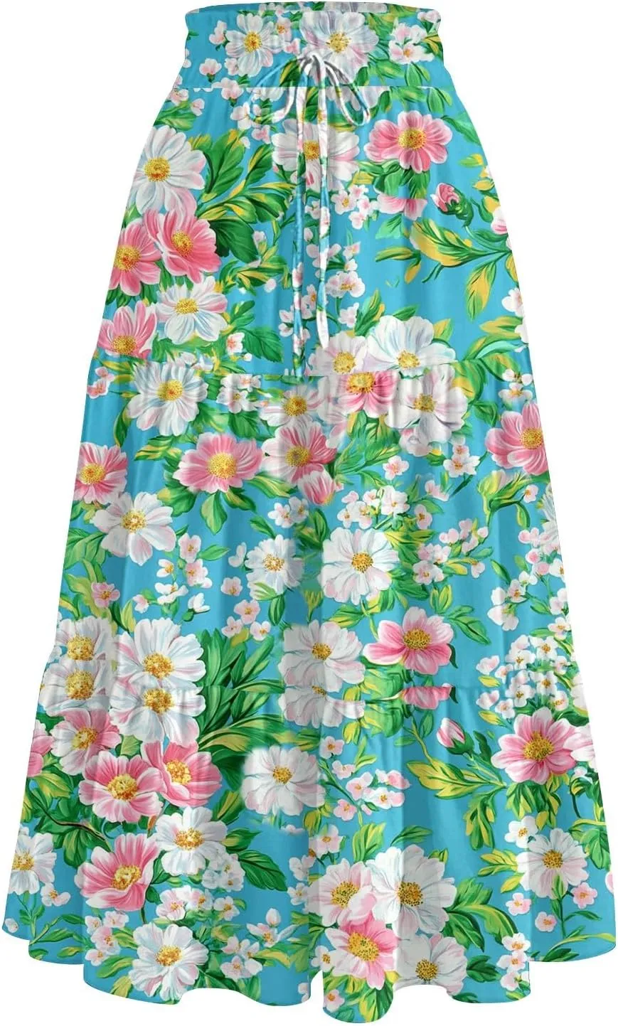 Midi Skirts for Women 2025 Boho Floral Skirts Tiered Ruffle Skirt Flowy High Elastic Waisted A Line Skorts with Pockets