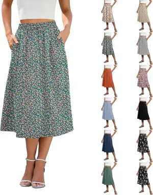 Midi Skirts for Women Knee Length Drawstring High Waisted Boho Floral Skirts Flowy A-Line Beach Skirt with Pockets