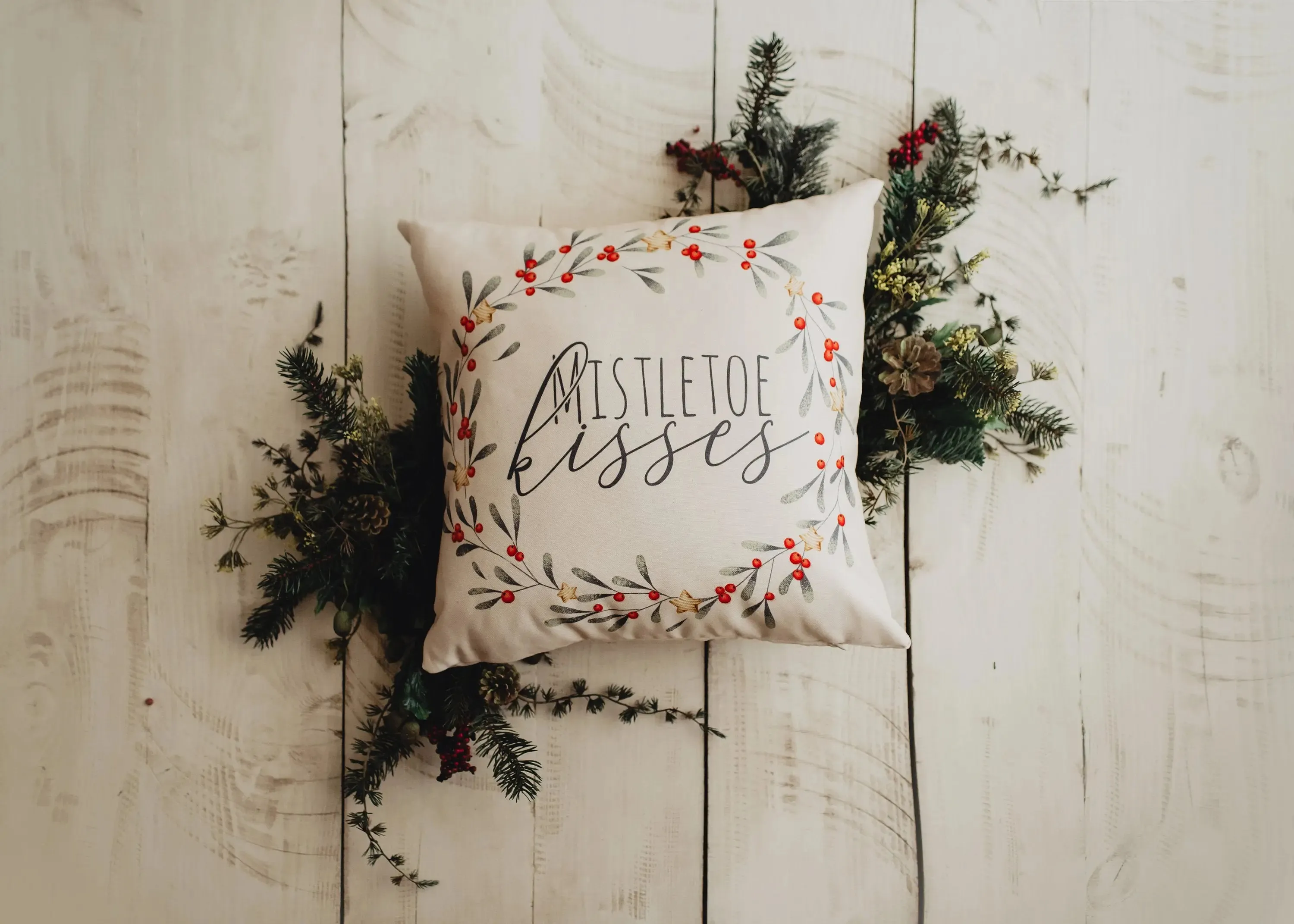 Mistletoe Kisses Wreath | Throw Pillow Cover | Best Friend Christmas Gift | Rustic Farmhouse Decor | Farmhouse Decor | Decorative Pillows for Couch