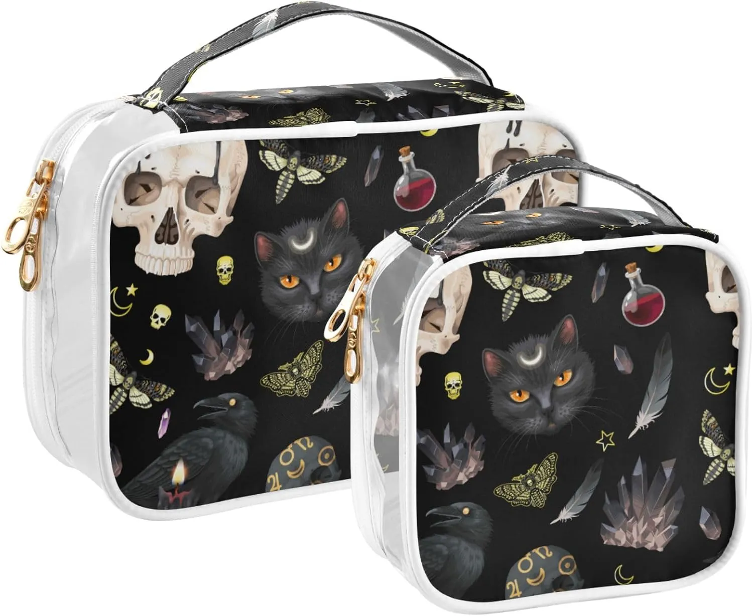 MNSRUU Clear Makeup Bags Goth Skull Moth Toiletry Bag for Women 2 PCS Waterproof Clear Bags Clear Travel Toiletry Bag Small Cosmetic Makeup Bag, Carry on Airport Airline Compliant Bag
