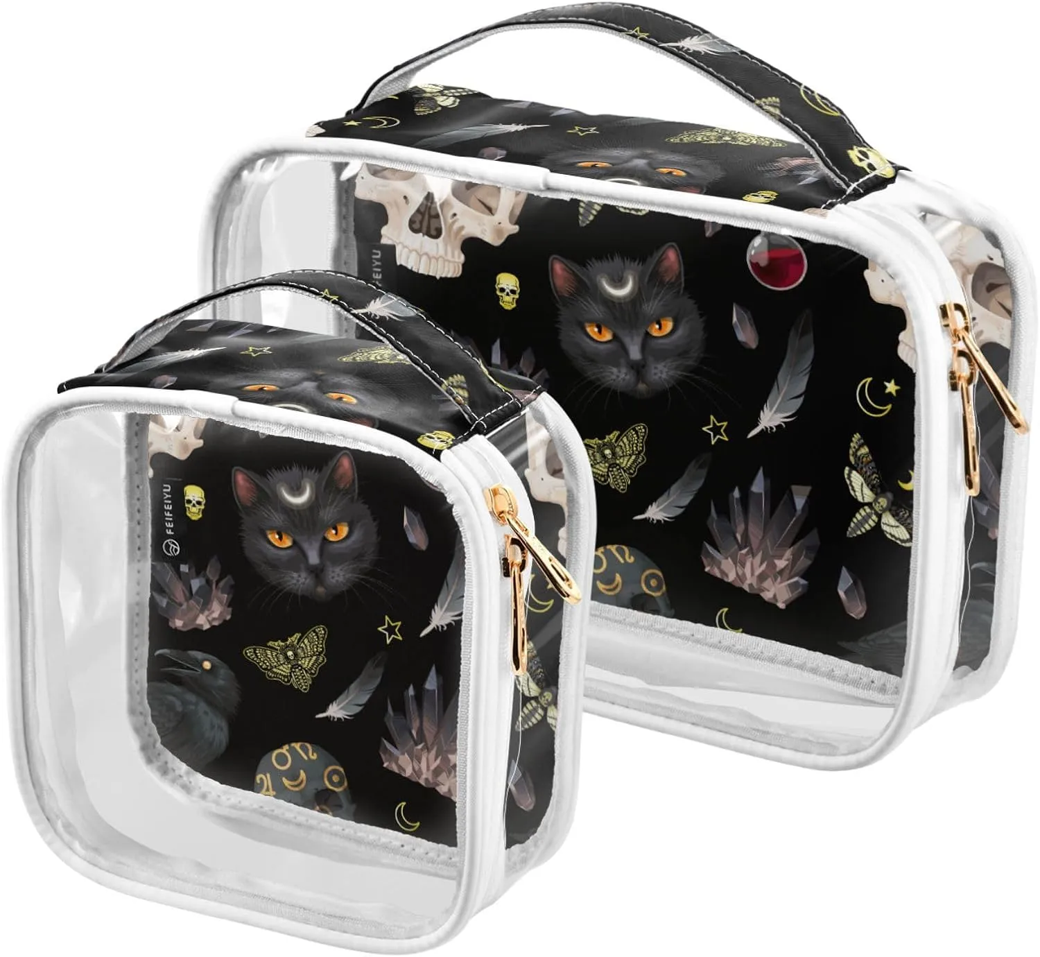 MNSRUU Clear Makeup Bags Goth Skull Moth Toiletry Bag for Women 2 PCS Waterproof Clear Bags Clear Travel Toiletry Bag Small Cosmetic Makeup Bag, Carry on Airport Airline Compliant Bag